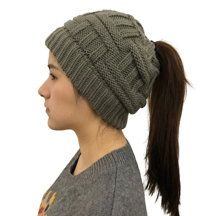 Kvinnors Vinter Stickad Beanie Hästsvans Stickad Mössa