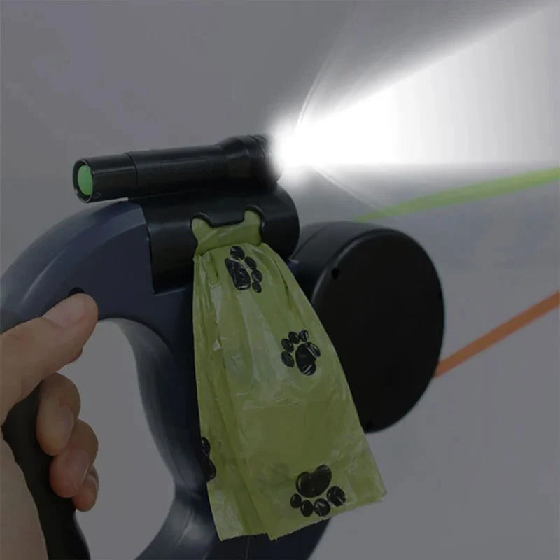 Dubbel Hundkoppel med Ficklampa &amp; Avfallspåse