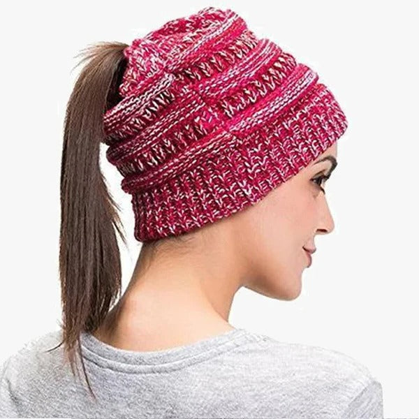 Ponytail Beanie Messy Bun Kvinnohuva Solid Ribbad Mössa