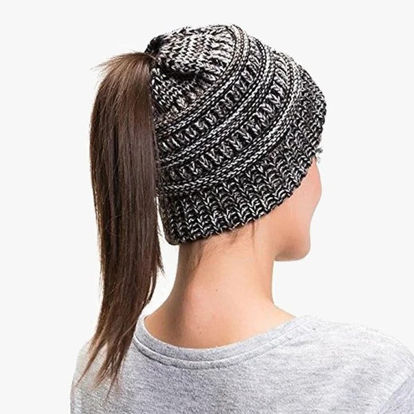 Ponytail Beanie Messy Bun Kvinnohuva Solid Ribbad Mössa