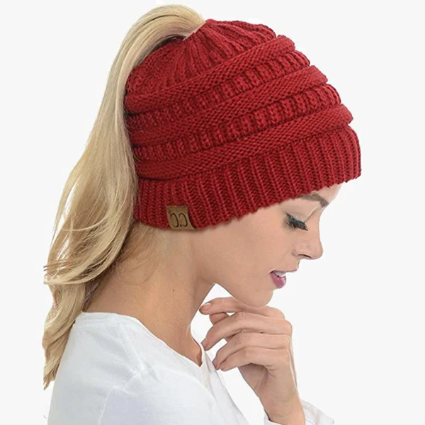 Ponytail Beanie Messy Bun Kvinnohuva Solid Ribbad Mössa