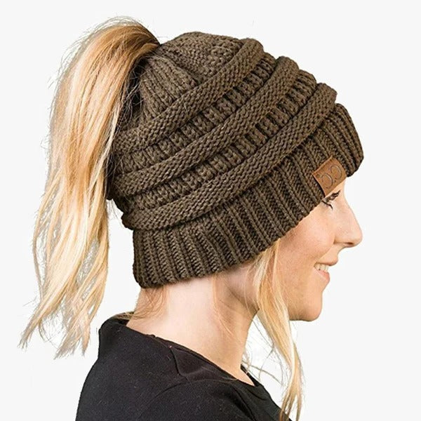 Ponytail Beanie Messy Bun Kvinnohuva Solid Ribbad Mössa