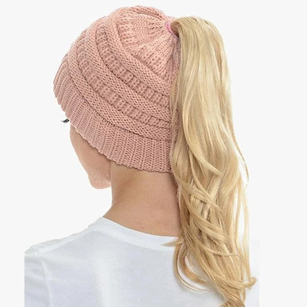 Ponytail Beanie Messy Bun Kvinnohuva Solid Ribbad Mössa