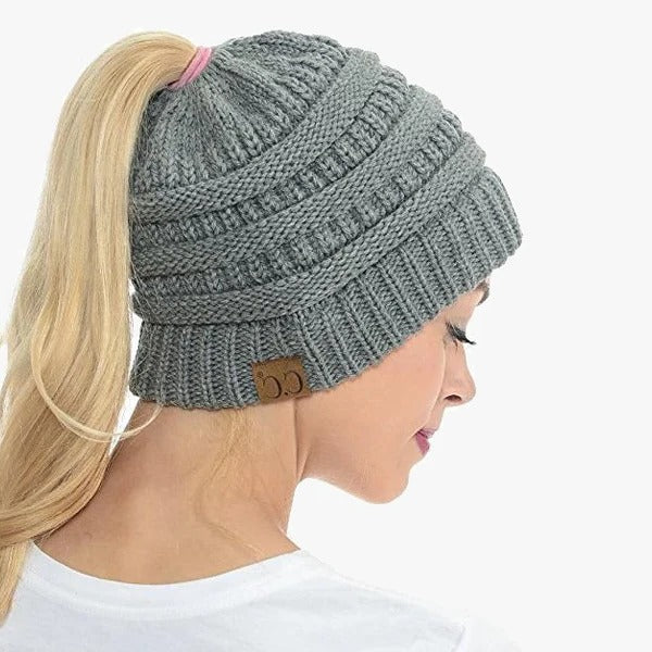 Ponytail Beanie Messy Bun Kvinnohuva Solid Ribbad Mössa