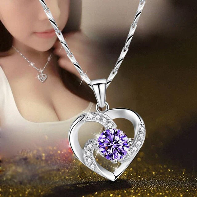 Kristallhjärtans Halsband - 925 Sterling Silver Hänge CZ Kristall