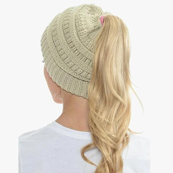 Ponytail Beanie Messy Bun Kvinnohuva Solid Ribbad Mössa