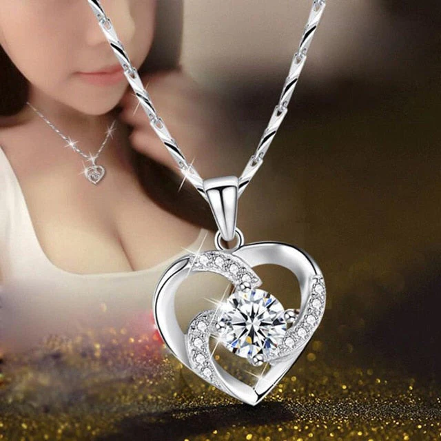Kristallhjärtans Halsband - 925 Sterling Silver Hänge CZ Kristall