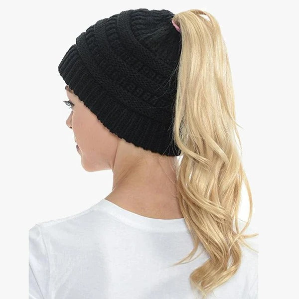 Ponytail Beanie Messy Bun Kvinnohuva Solid Ribbad Mössa