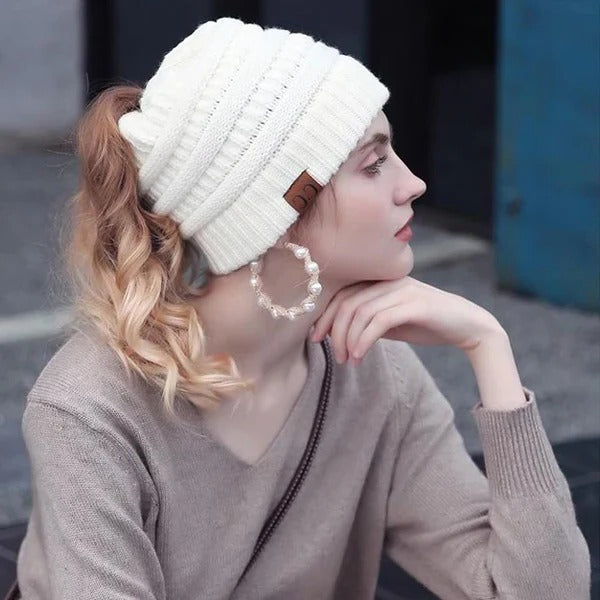 Ponytail Beanie Messy Bun Kvinnohuva Solid Ribbad Mössa