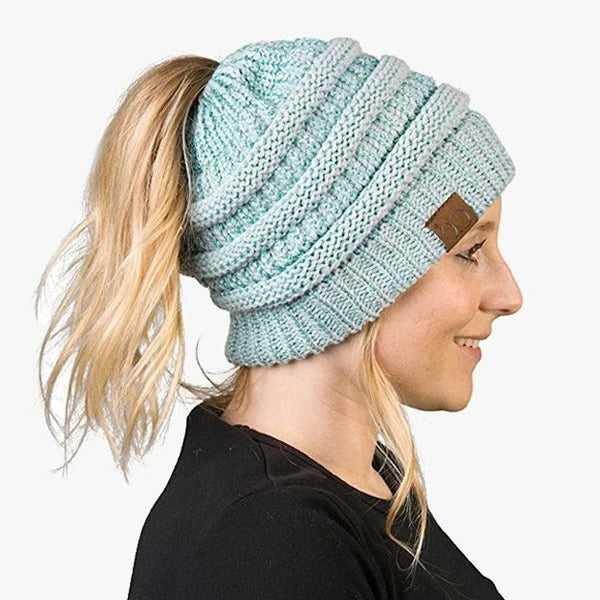 Ponytail Beanie Messy Bun Kvinnohuva Solid Ribbad Mössa