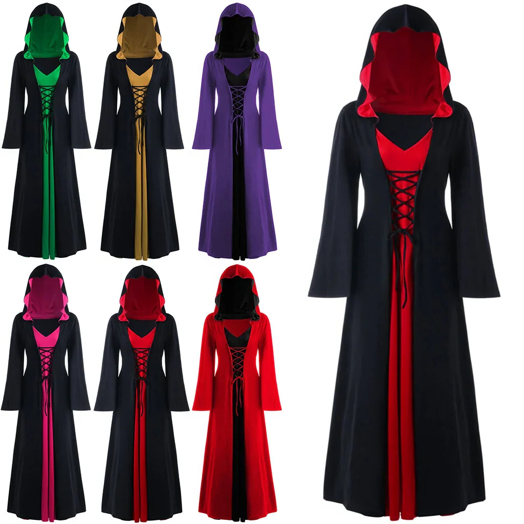 Officiell Medeltida Klänning Vampyr Häxa För Kvinnor Snörad Huva Kappa Robe