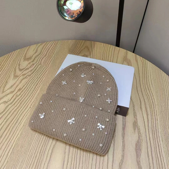 Pärlaccent Stickad Beanie Vinterhatt
