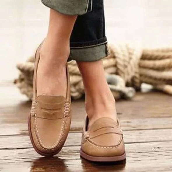 Kvinnor Vintage Slip On Loafers Låg Klack PU Läder Loafers