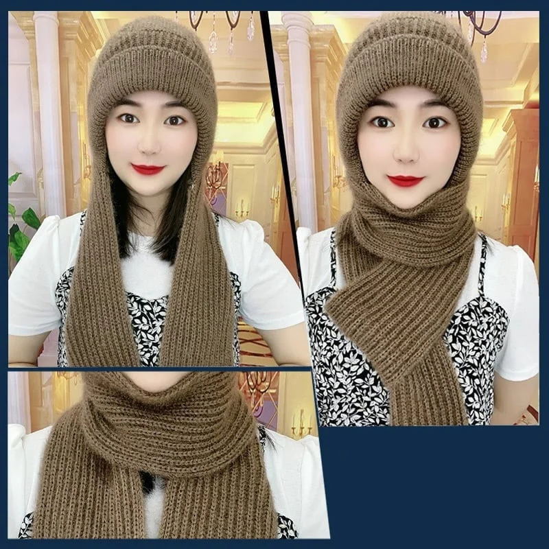 Kvinnors Vinter Integrerad Öronskydd Vindskydd Mössa Scarf
