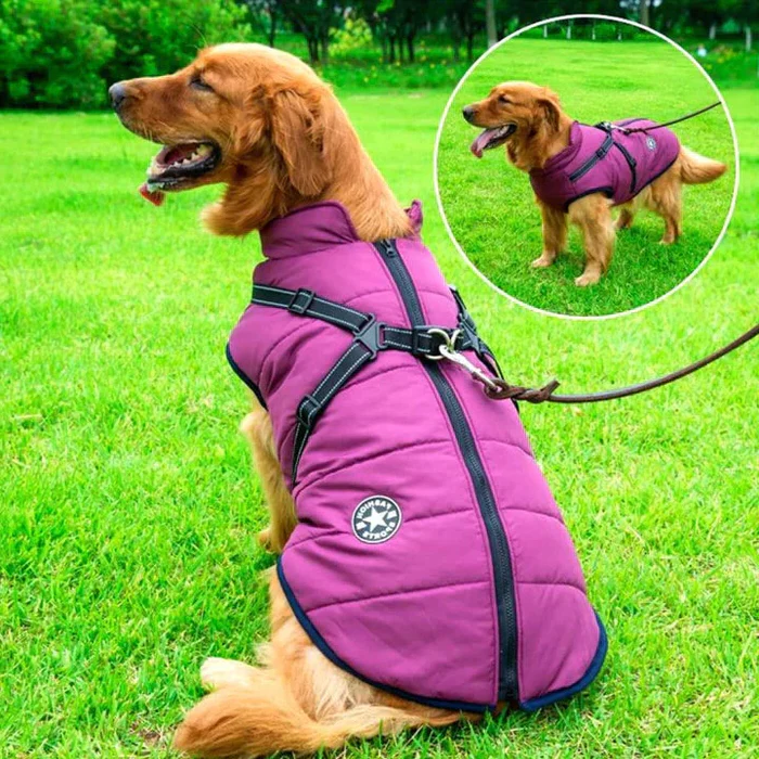 Vattentät Vinterhundjacka - Fodrad med Sherpa-Fleece - Inbyggd Sele