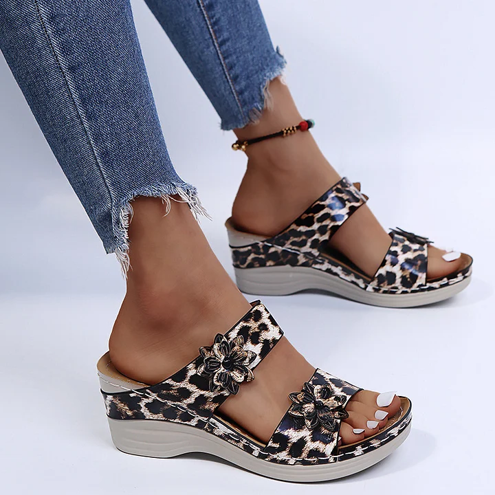 Leopard / Ormskinnstryck Ortopediska Läder Wedge Mjuk Sula Sandaler