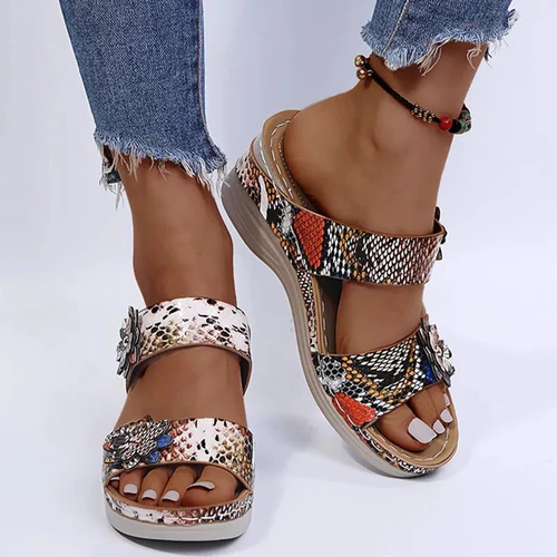 Leopard / Ormskinnstryck Ortopediska Läder Wedge Mjuk Sula Sandaler