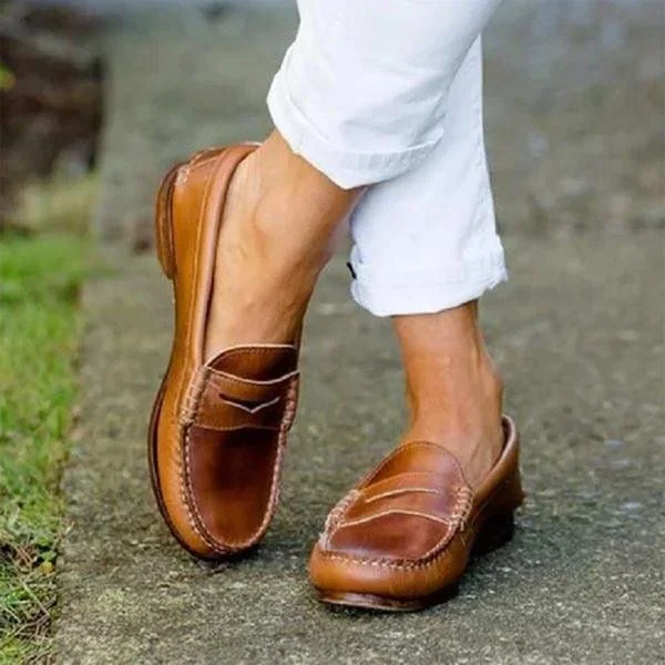 Kvinnor Vintage Slip On Loafers Låg Klack PU Läder Loafers