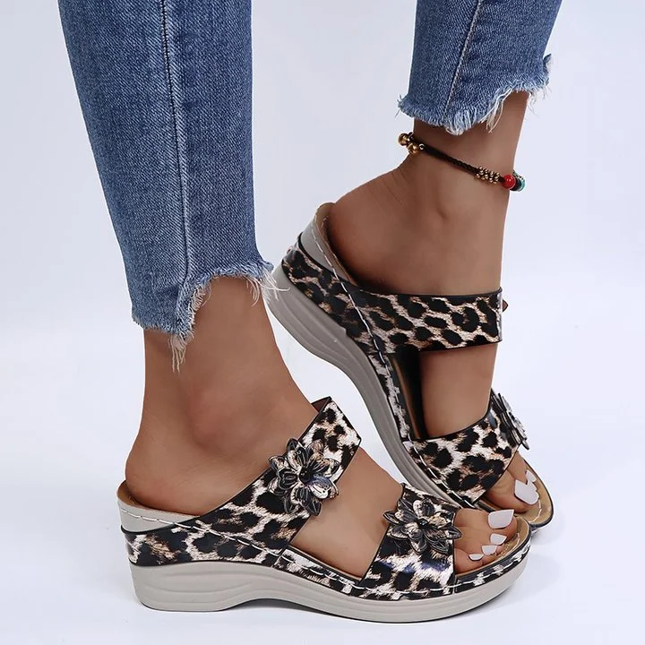 Leopard / Ormskinnstryck Ortopediska Läder Wedge Mjuk Sula Sandaler