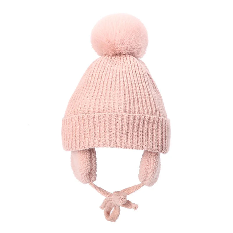 Barnens Stickade Beanie Vintermössa med Öronlappar
