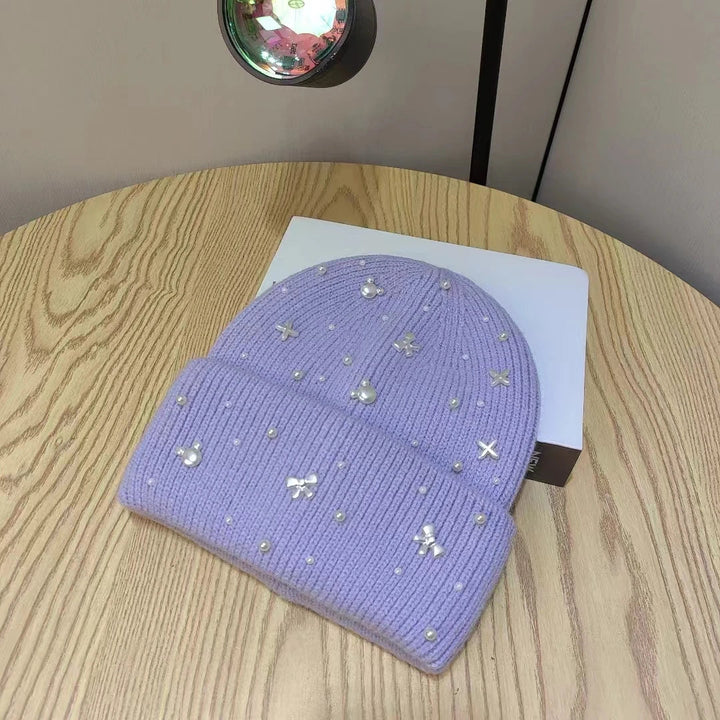 Pärlaccent Stickad Beanie Vinterhatt
