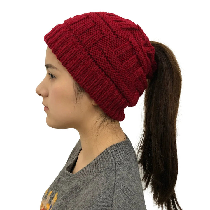 Kvinnors Vinter Stickad Beanie Hästsvans Stickad Mössa
