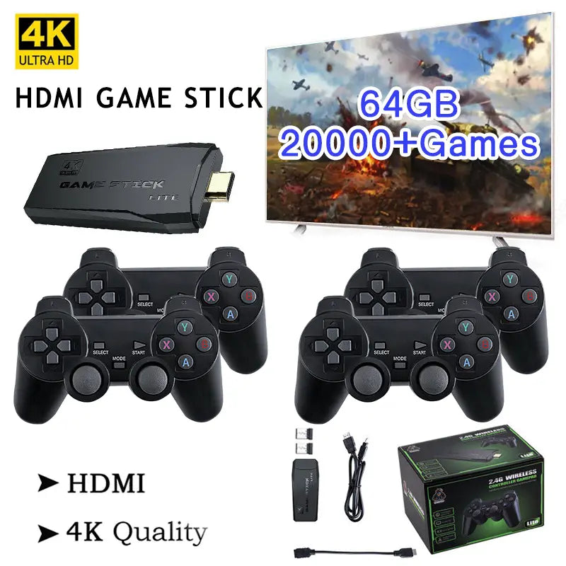 HDMI 4K TV Spel Stick Konsol | 64GB med 20,000+ Retro Spel &amp; 2 Trådlösa Spelkontroller