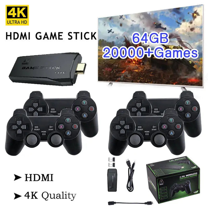 HDMI 4K TV Spel Stick Konsol | 64GB med 20,000+ Retro Spel &amp; 2 Trådlösa Spelkontroller
