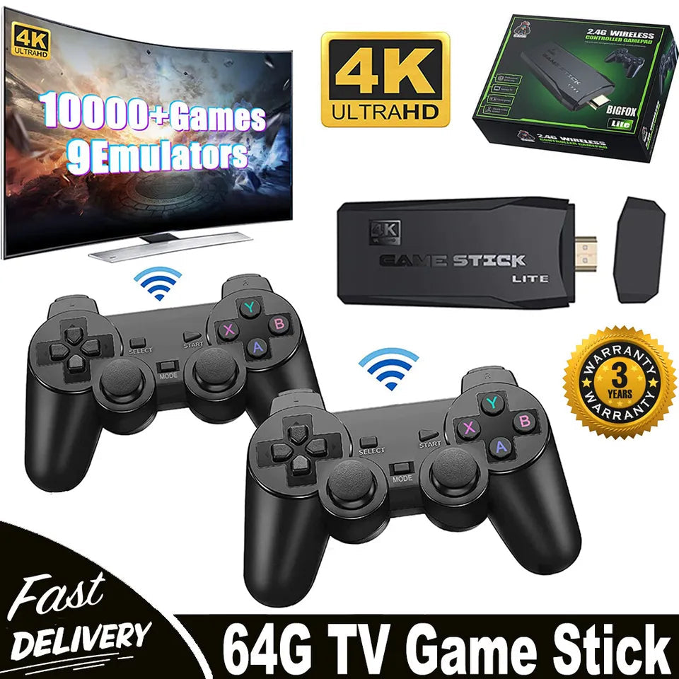 HDMI 4K TV Spel Stick Konsol | 64GB med 20,000+ Retro Spel &amp; 2 Trådlösa Spelkontroller