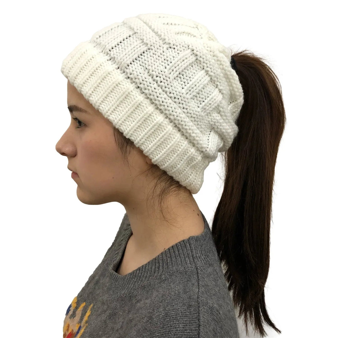 Kvinnors Vinter Stickad Beanie Hästsvans Stickad Mössa
