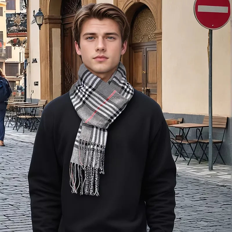 Lyxig Rutig Cashmere Vinterhalsduk för Män